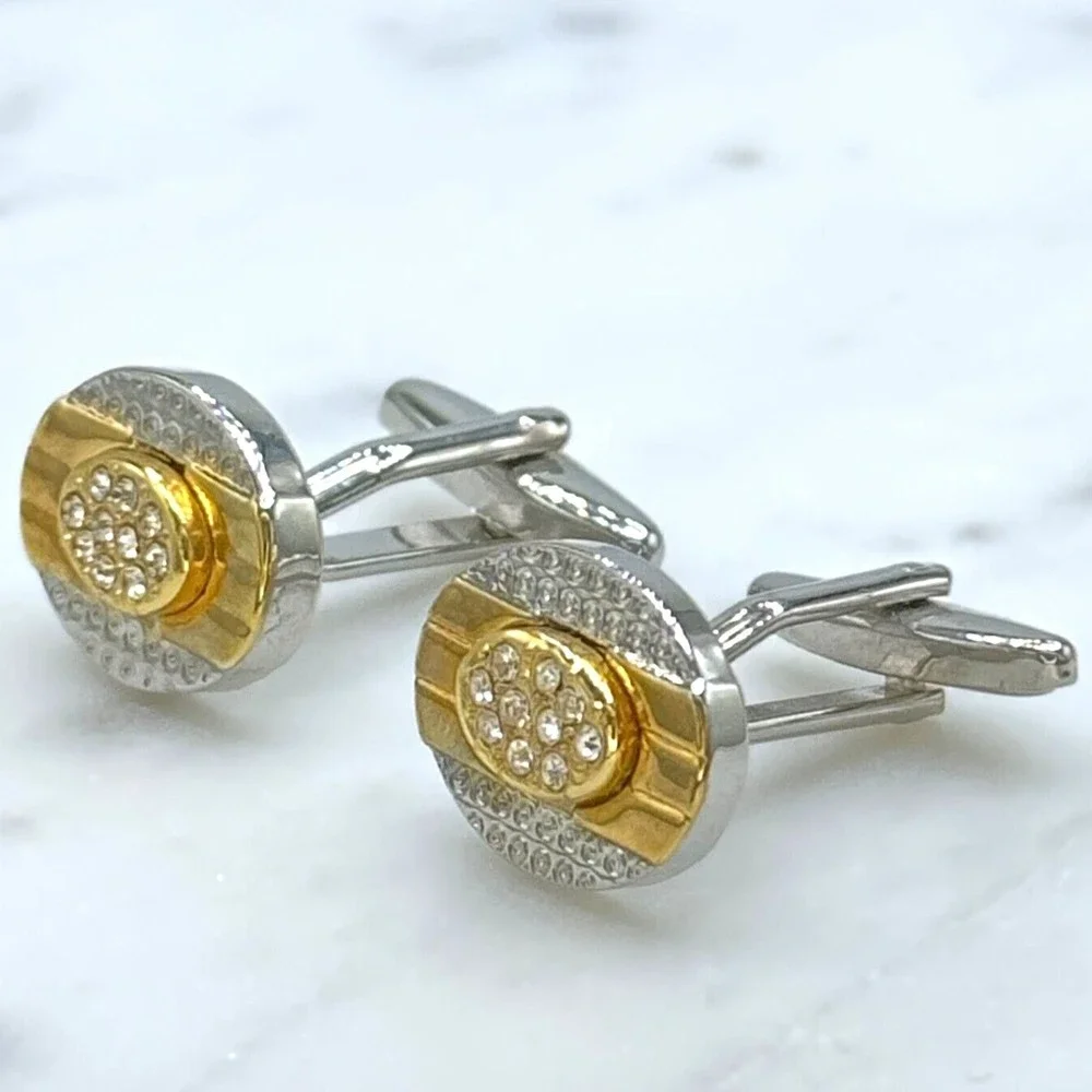 Mens Silver Tone & Gold Tone Clear Rhinestones Oval Bullet Back Cufflinks